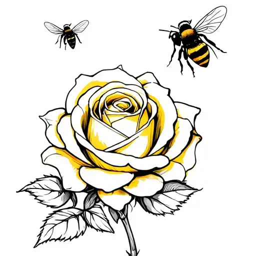 yellow rose with bee flying tattoo design idea