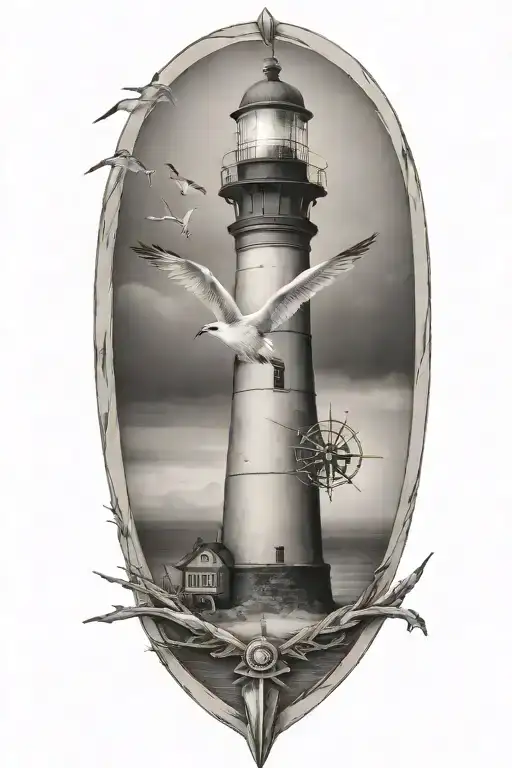 lighthouse, compass, heart, calm ocean, beach, seagull tattoo design idea