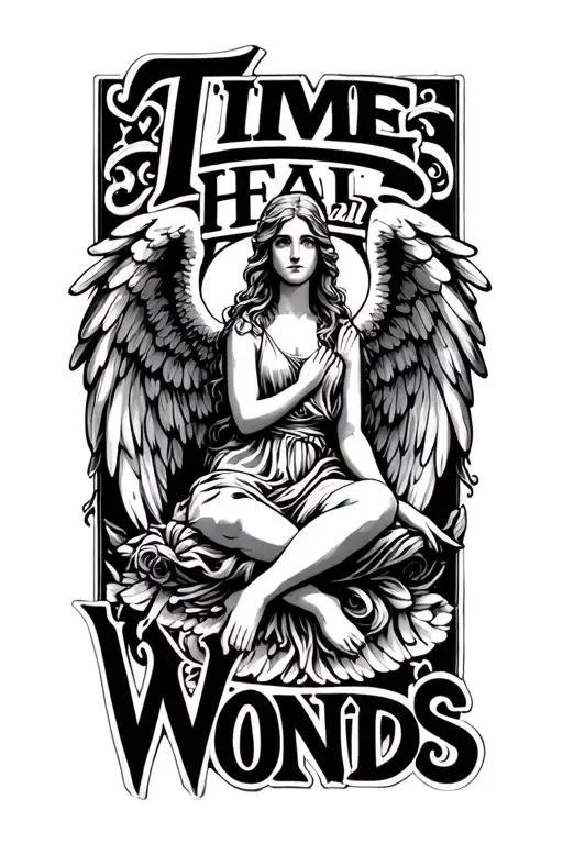 "Time Heals All Wonds" angel sitting inside tattoo design idea
