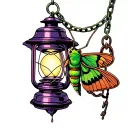 Green Moth attached to a purple lantern by a chain tattoo design idea