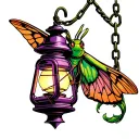 Green Moth attached to a purple lantern by a chain tattoo design idea