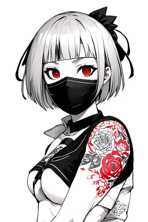 Anime style, create a kakashi mask girl, short hair with bangs, lolita style, red and serious eyes tattoo design idea