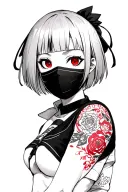 Anime style, create a kakashi mask girl, short hair with bangs, lolita style, red and serious eyes tattoo design idea