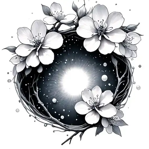 Serotonin and Adrenaline organic molecules surrounded by cherry blossoms fine lines tattoo design idea