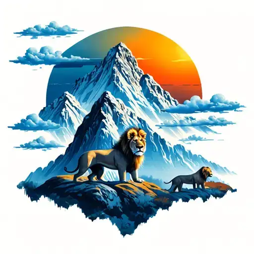Mountains 3 Small Lions Clouds Sun rising sun setting tattoo design idea