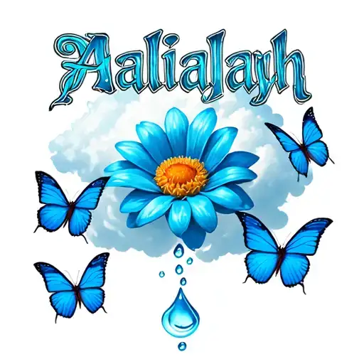 clouds surrounding the word Aaliyah with blue butterflies and a flower dropping water with a time clock labeled a new be tattoo design idea