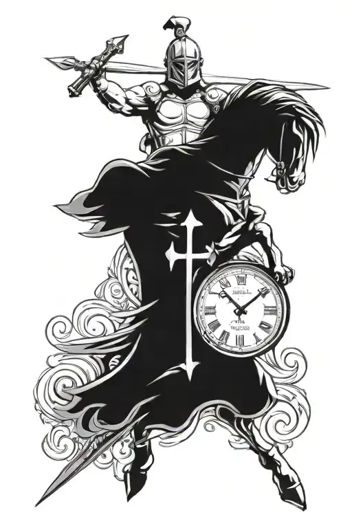 warrior and clock and Christian cross with psalm 23:4 tattoo design idea