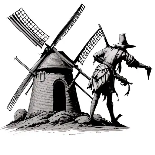 don quixote wins against the windmill tattoo design idea
