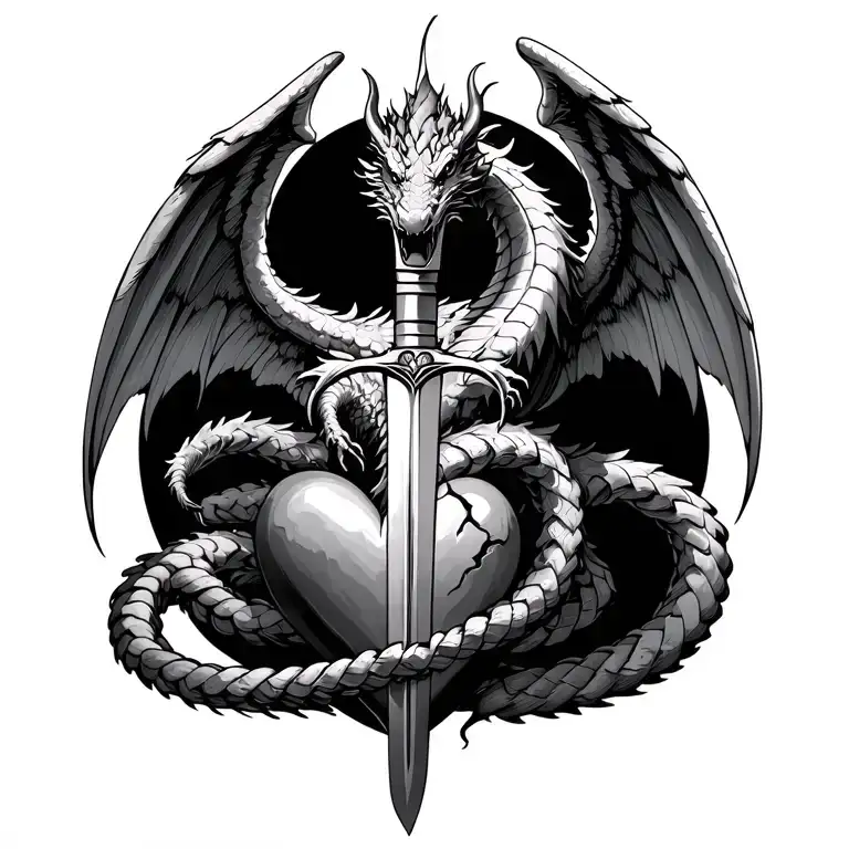 Dragon with angel wings coiled a around sword that is piercing a broken heart depicting letting go of a past love  tattoo design idea