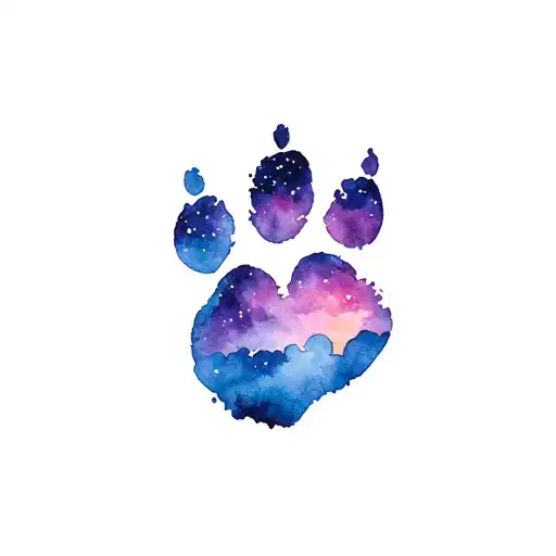 a cat paw print with a watercolor night sky behind it and a half a heart in the sky tattoo design idea