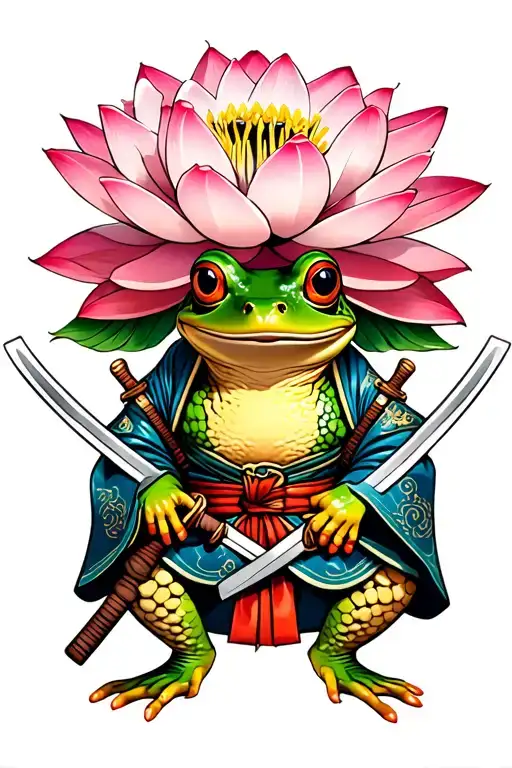 frog dressed in samurai clothing with swords  and a large pink lotus flower bouquet tattoo design idea
