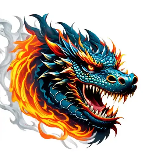 japanese dragon head with smoke and fire tattoo design idea