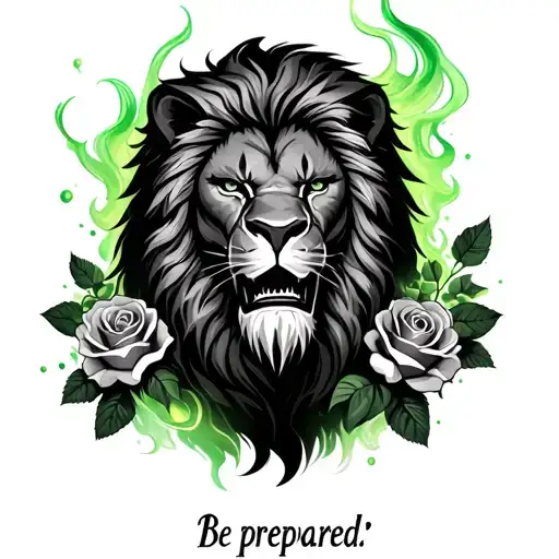 evil lion king scar with green mist and roses surrounding him. "Be prepared " across the top tattoo design idea