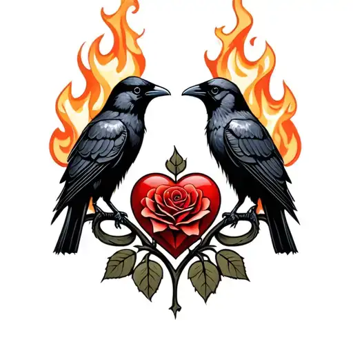 two crows and heart celtic fire rose tattoo design idea