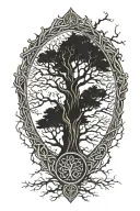 viking tree of life centered on a cracked wooden shield with branches growing out irregularly tattoo design idea