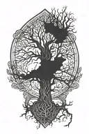 viking tree of life centered on a cracked wooden shield with branches growing out irregularly tattoo design idea