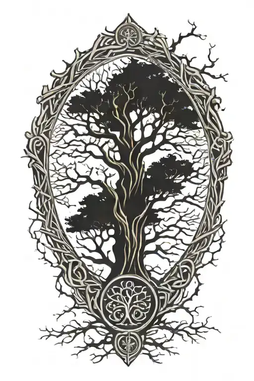 viking tree of life centered on a cracked wooden shield with branches growing out irregularly tattoo design idea