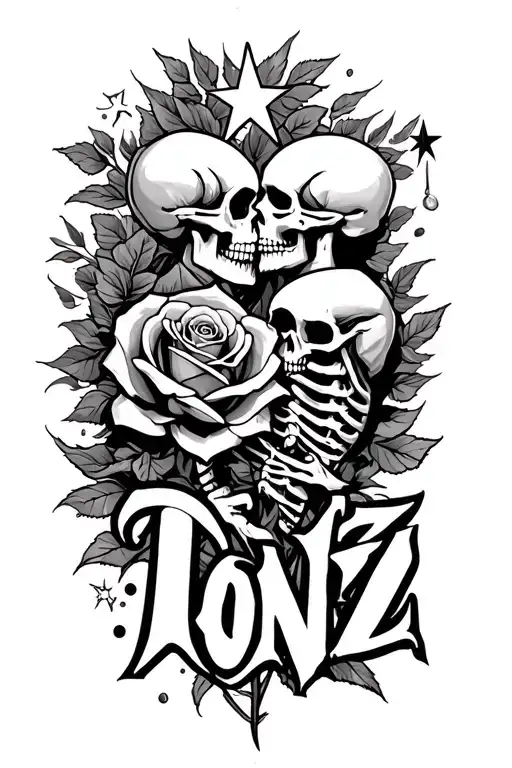 the word 'Tonz' 2 skeletons kissing and Star transforming into a rose tattoo design idea