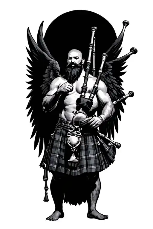 shirtless muscular bagpiper bald black beard playing bagpipes hoge black wings tattoo design idea