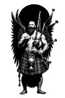 shirtless muscular bagpiper bald black beard playing bagpipes hoge black wings tattoo design idea