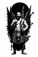 shirtless muscular bagpiper bald black beard playing bagpipes hoge black wings tattoo design idea