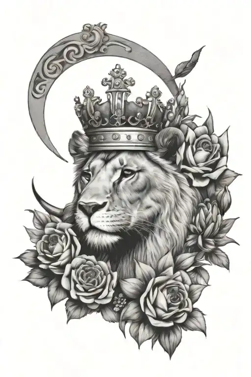 lioness crown flowers and moon tattoo design idea