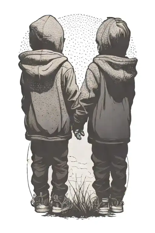 a siloutte of 2 toddler brothers wearing hoodies one taller than the other walking away holding hands tattoo design idea