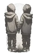 a siloutte of 2 toddler brothers wearing hoodies one taller than the other walking away holding hands tattoo design idea