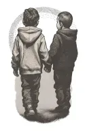 a siloutte of 2 toddler brothers wearing hoodies one taller than the other walking away holding hands tattoo design idea