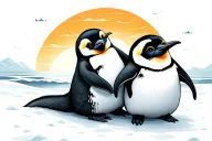 two baby penguins with arms around each other's back watching the sunrise over the horizon from a distance  tattoo design idea