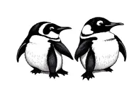 two baby penguins with arms around each other's back watching the sunrise over the horizon from a distance  tattoo design idea
