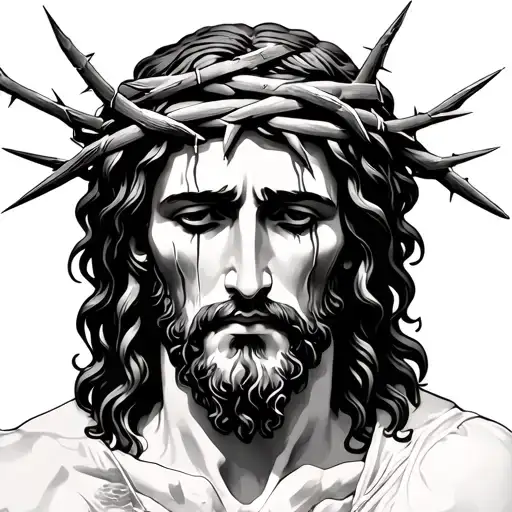 Jesus with thorns wrapped in head and crying tattoo design idea