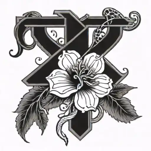a cross with like a flower vines growing on and around it or a snake slithering across it tattoo design idea