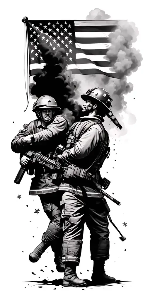 Firefighter battling a fire and a combat medic saving a soldier and American flag somewhere tattoo design idea