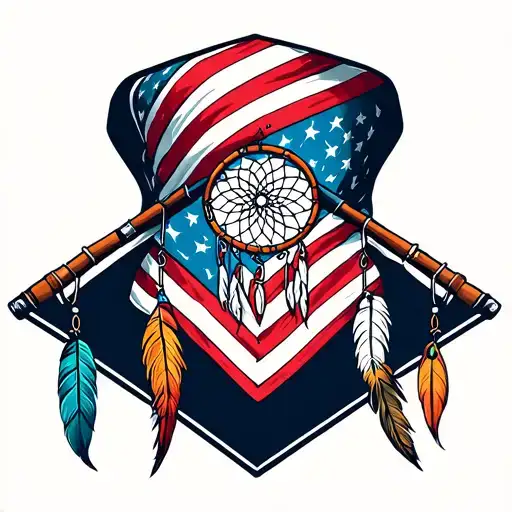 American flag bandana with fishing poles hooked with a dream catcher tattoo design idea
