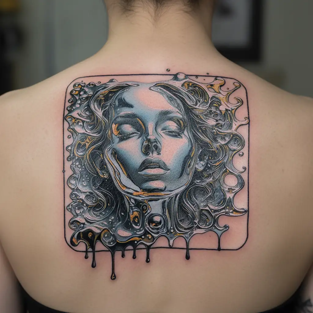 chrome melting woman face tattoo design idea