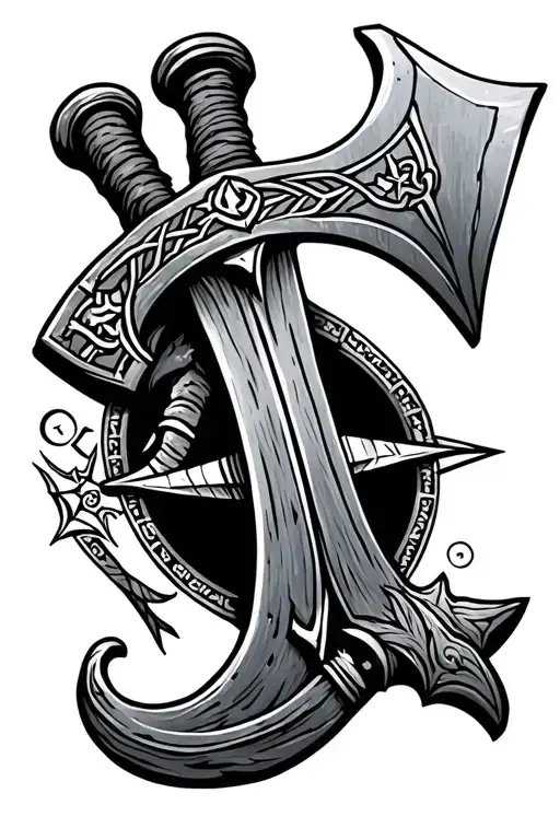 Nordic sleave tattoo with a viking axe and a Nordic compass in a hand drawn style tattoo design idea