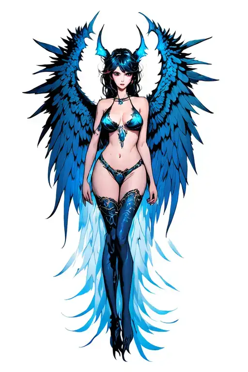 Central figure: a succubus woman, with half-transformed wings—the lower half like phoenix feathers, the upper half c tattoo design idea