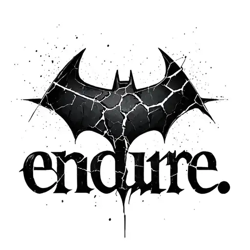 Minimal black ink tattoo: “endure.” in lowercase serif font, with a cracked abstract batman symbol above it. Clean tattoo design idea