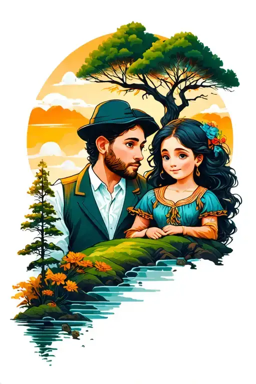 Landscape with dad and daughter and son tattoo design idea