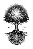 Tree Of Life with fireworks exploding above going up into clouds tattoo design idea