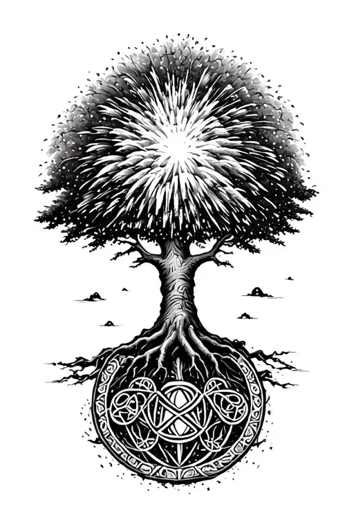 Tree Of Life with fireworks exploding above going up into clouds tattoo design idea