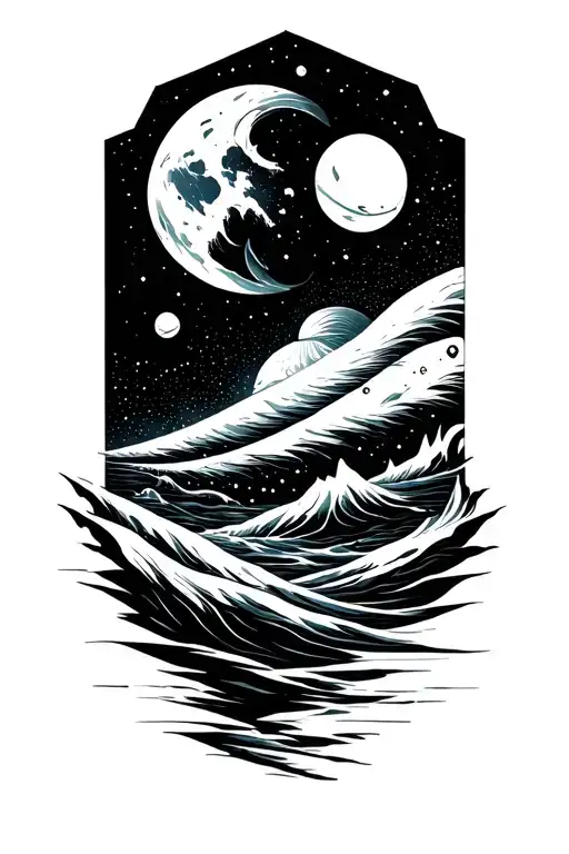 space and ocean scene hexagon negative space tattoo design idea