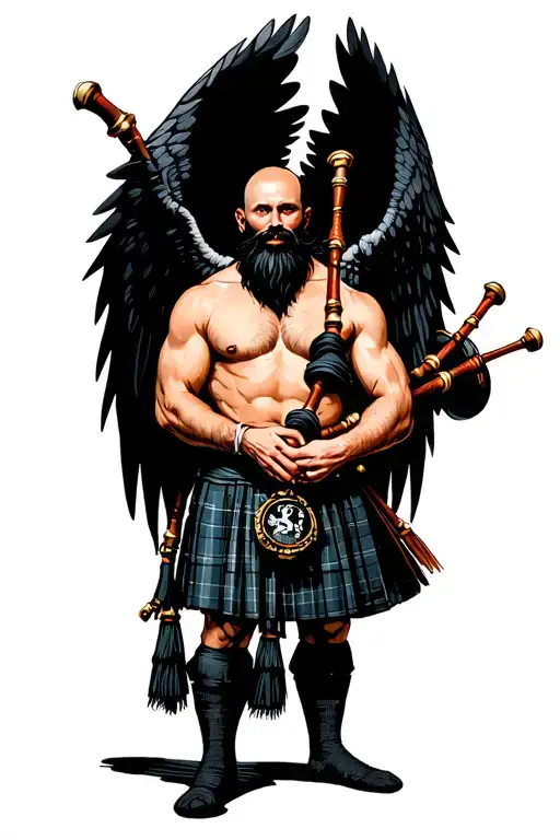 legless shirtless muscular bagpiper bald black beard playing bagpipes hoge black wings tattoo design idea