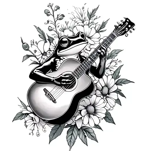 botanical wildflower sleeve with a frog playing a guitar tattoo design idea