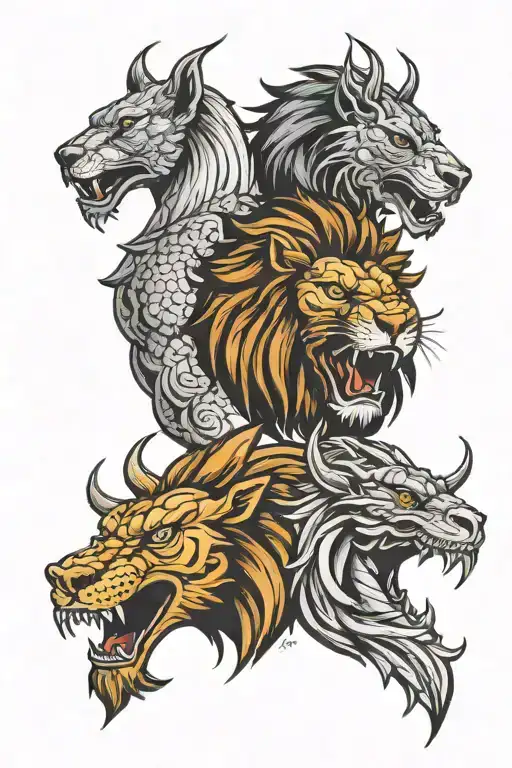 lion head above a bulls head above a dragon head tattoo tattoo design idea