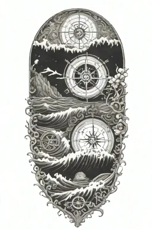 A detailed underwater scene with the hawaii pipeline wave and a compass rose as a focal point tattoo design idea
