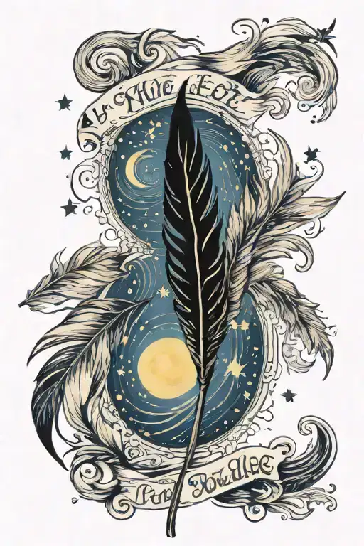 Starry night van Gogh with feather and the sentence: La Vie est Belle tattoo design idea