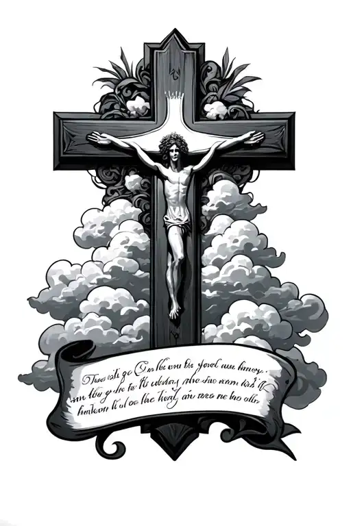 cross with clouds surrounding, a bible verse at the bottom  tattoo design idea