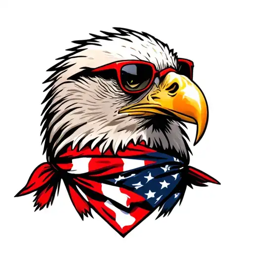 Bald Eagle wearing an American Flag bandana and red framed sunglasses. tattoo design idea
